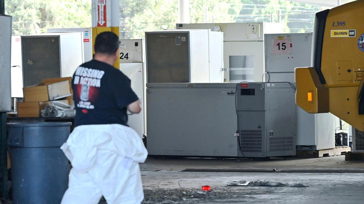 Refrigeration units are seen collected outside the closed warehouse which had been illegally operated by Chinese company Prestige Biotech for storage of hazardous materials. Photographed Tuesday, August 1, 2023 in Reedley.