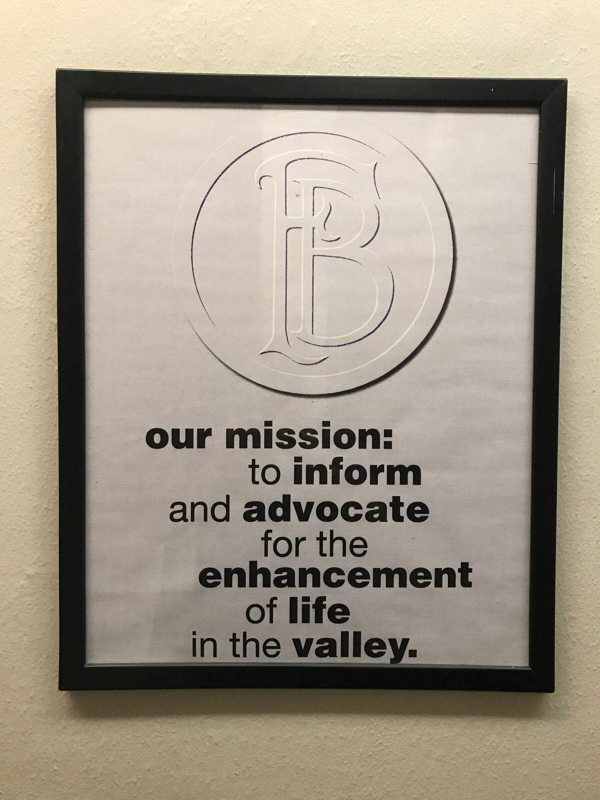 Mission statement of The Fresno Bee, as displayed on a plaque that hangs in the stairwell leading to the newsroom.