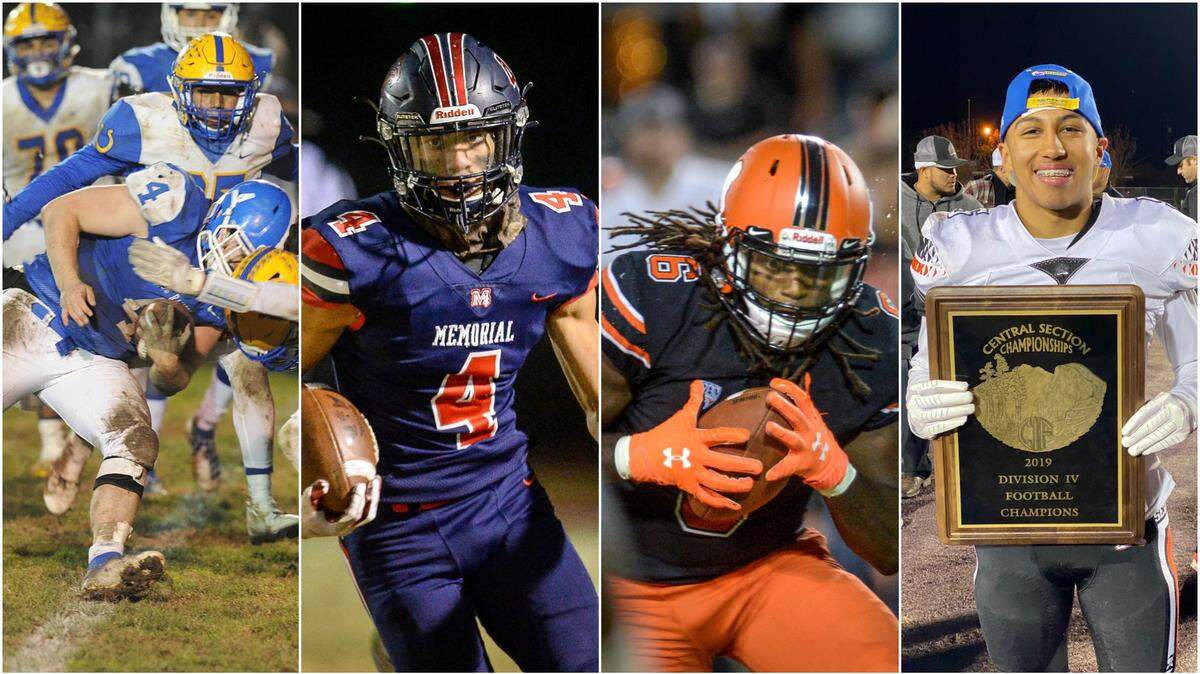 The nominees for FresnoBee.com high school football Player of the Week from Central Section championship game performances. From left to right, Bobby Staley of Caruthers, Jalen McMillan of San Joaquin Memorial, Jekob Jones of Central and Zach Zarate of Selma.