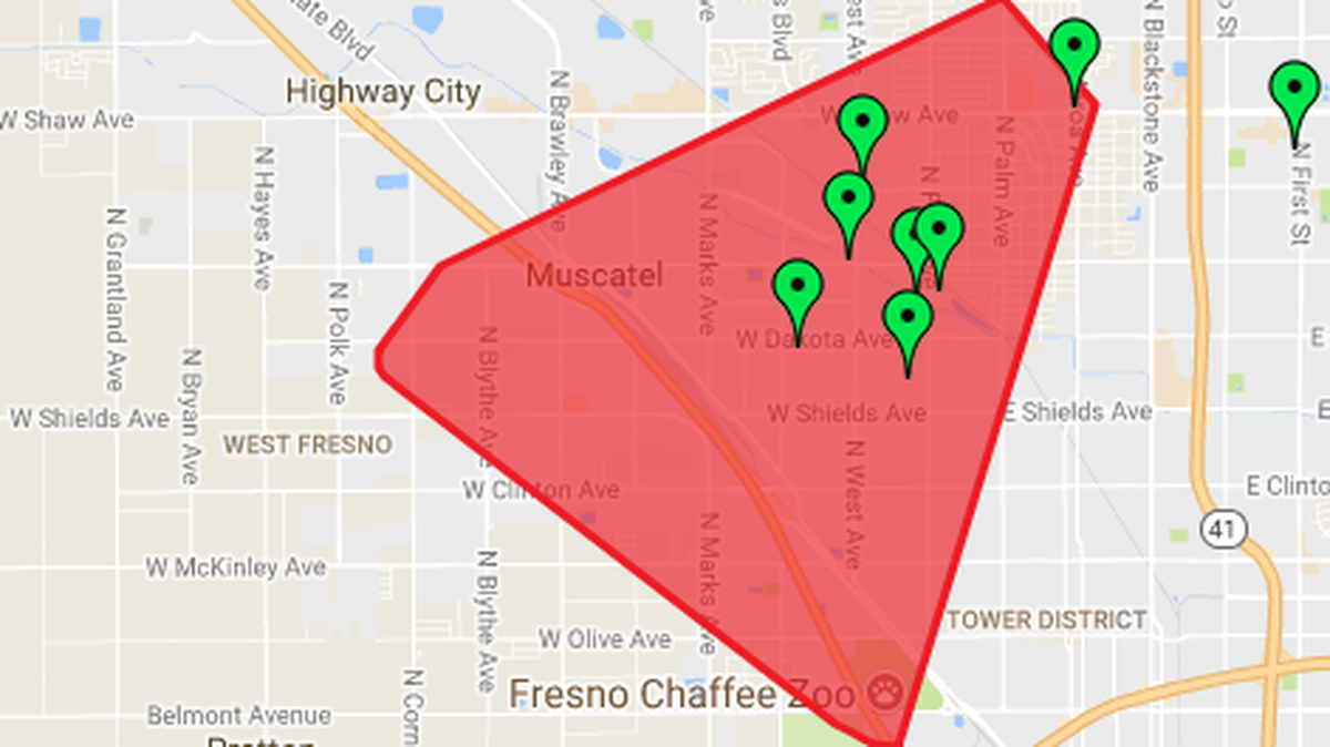 The area of Fresno affected by a power outage Thursday, May 17, 2018.
