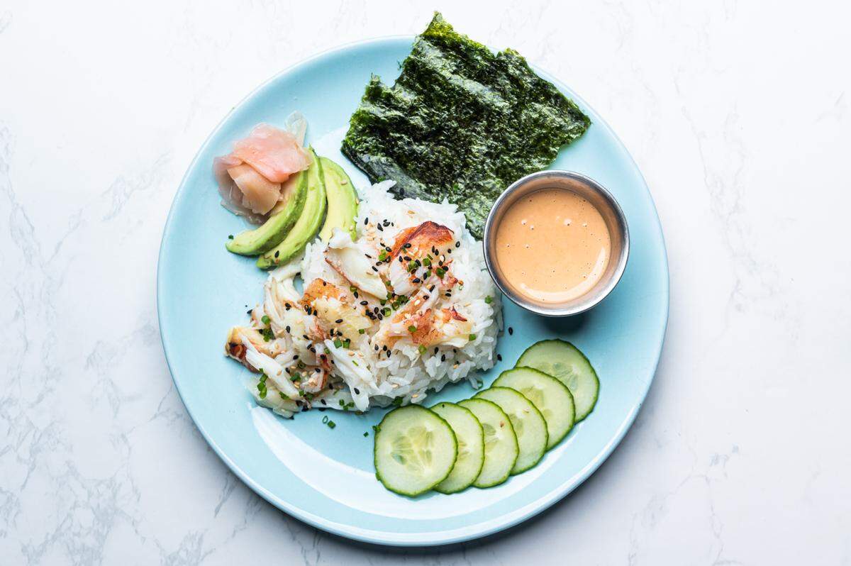 This “California Roll on a plate” from the G-Free Foodie uses Dungeness crab and doesn’t require heating up your kitchen.