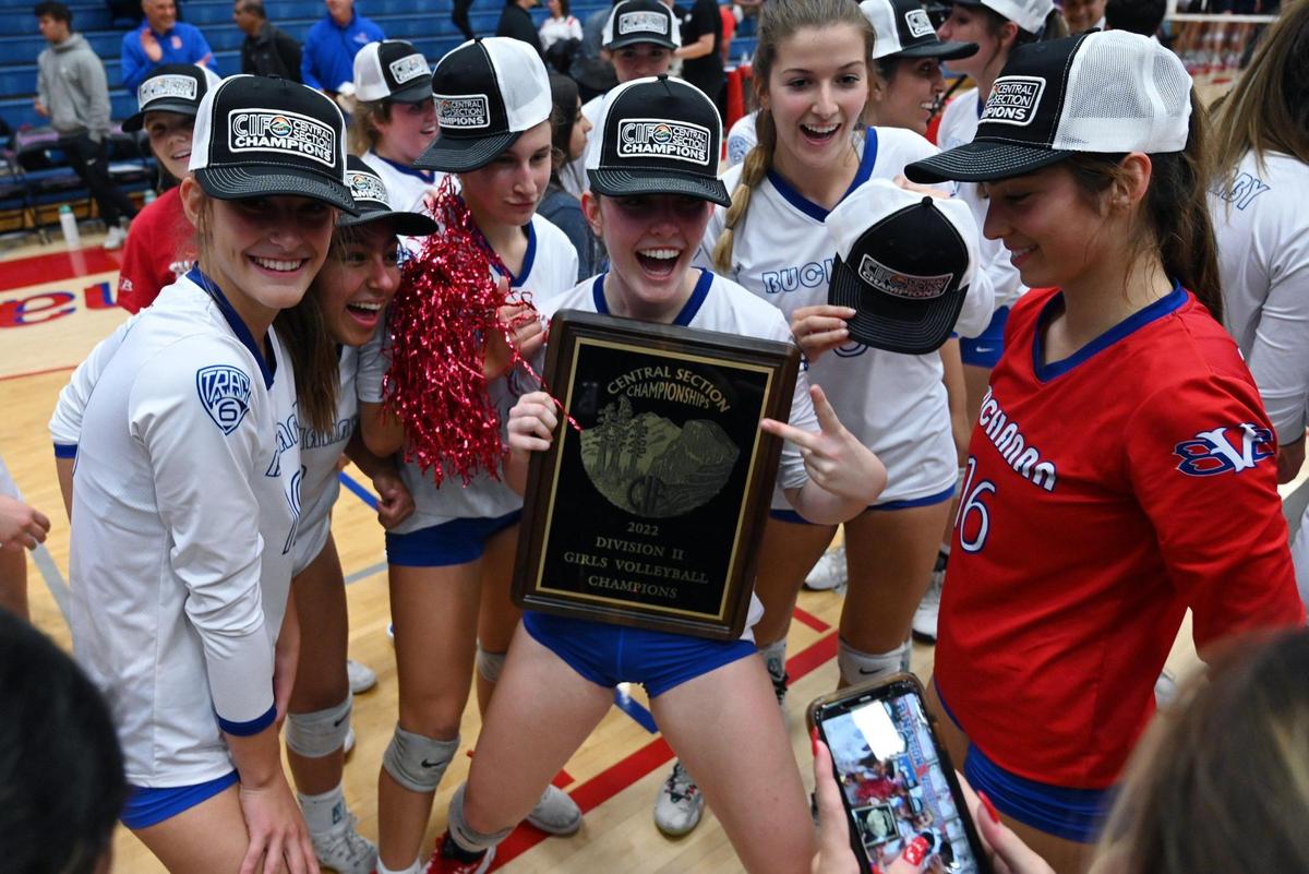 Buchanan celebrates its win against Central Valley Christian in the Central Section’s Division II girls volleyball championship Thursday, Nov. 3, 2022 in Clovis.