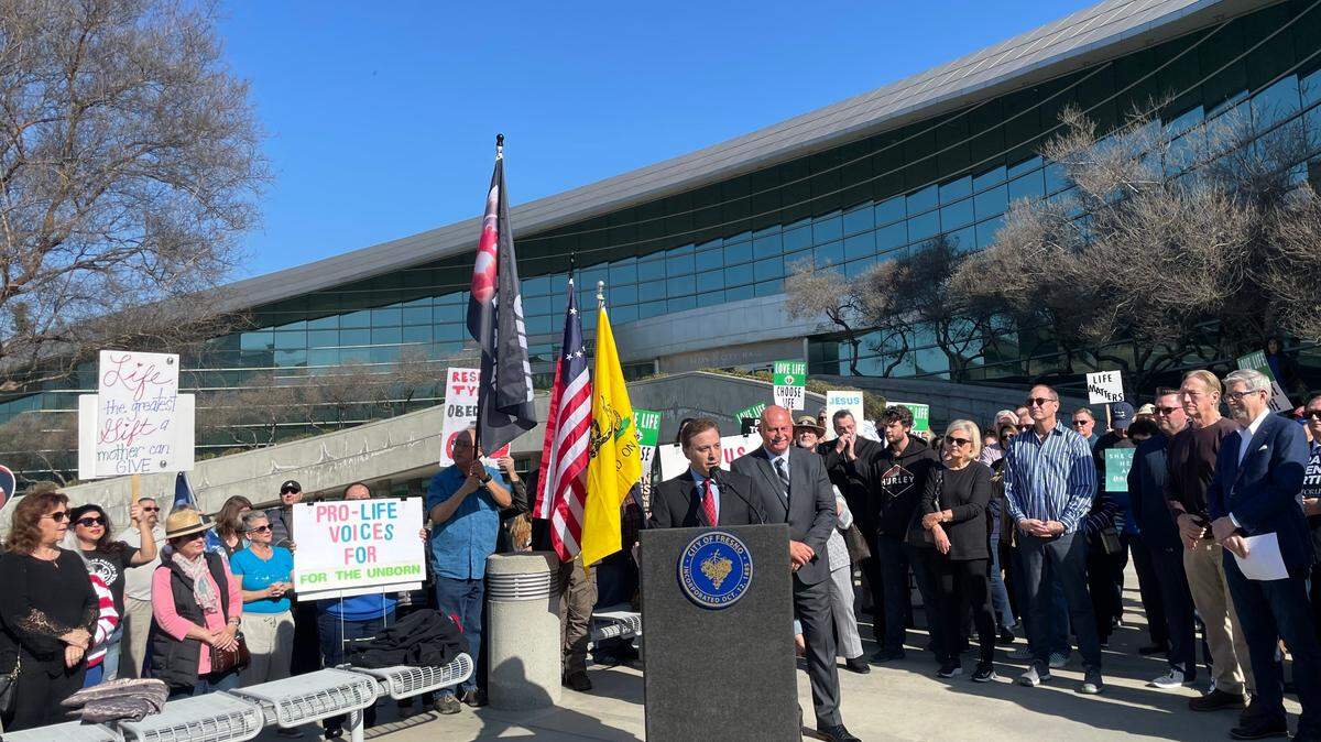 Fresno City Councilmember Garry Bredefeld speaks at a news conference in front of Fresno City Hall on Tuesday, Feb. 8, 2022 opposing a resolution for reproductive freedom that his council colleagues pulled off a city council meeting agenda.