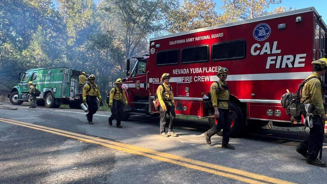 Cal Fire crews continued to assist Saturday, May 21, 2022, in the battle against the Golden Fire near Camptonville, California. Two strike teams were added to help the Tahoe National Forest in fighting the 20-acre blaze “in steep, heavily wooded forest,” the agency posted via Twitter.