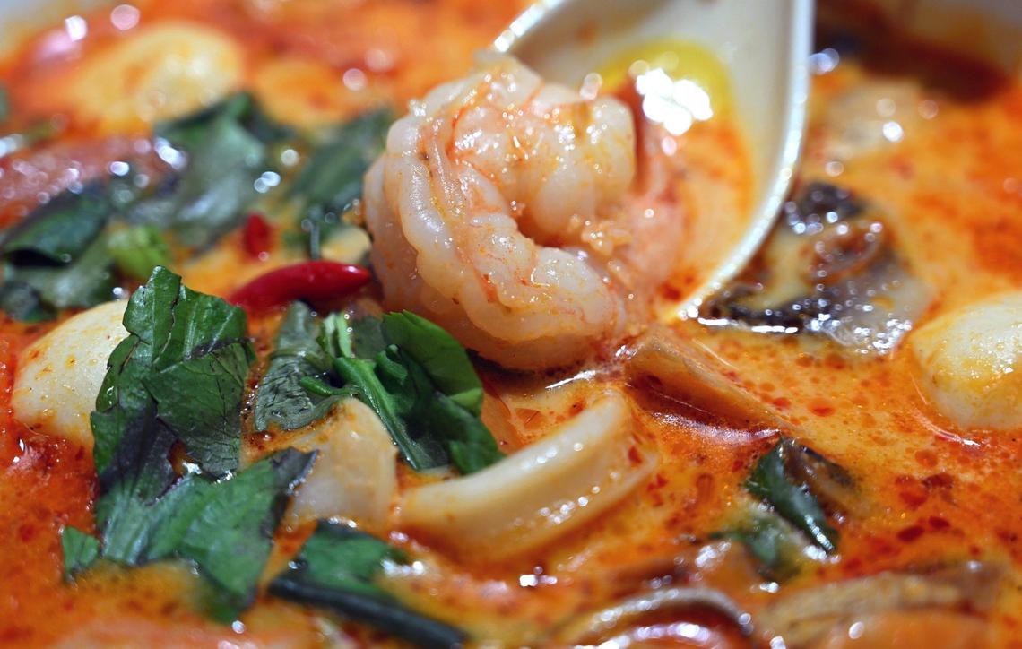 Thai soup with shrimp, fish balls and squid, offered at Thai Taste, a new restaurant serving authentic Thai street food at the corner of Bullard and Cedar avenues. Photographed Friday, June 14, 2024 in Fresno.