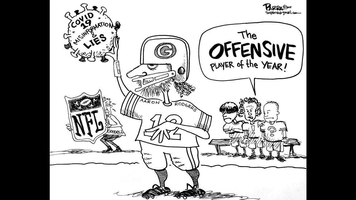 Green Bay QB Aaron Rodgers’ dishonesty over COVID: Opinion cartoon by SW Parra for The Fresno Bee & Merced Sun-Star