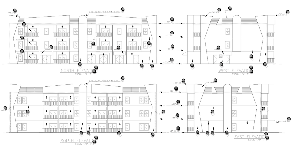An architect’s design shows what the buildings at the Royalty Center Apartments could look like from different directions.