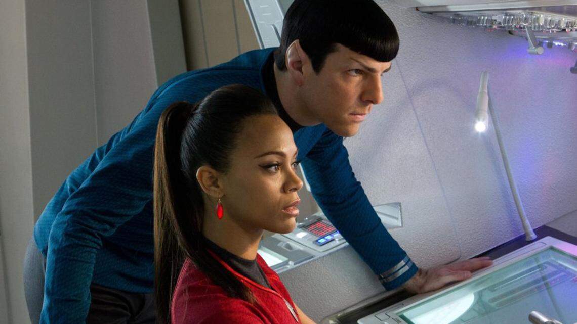 Zoe Saldana and Zachary Quinto in “Star Trek Into Darkness.”