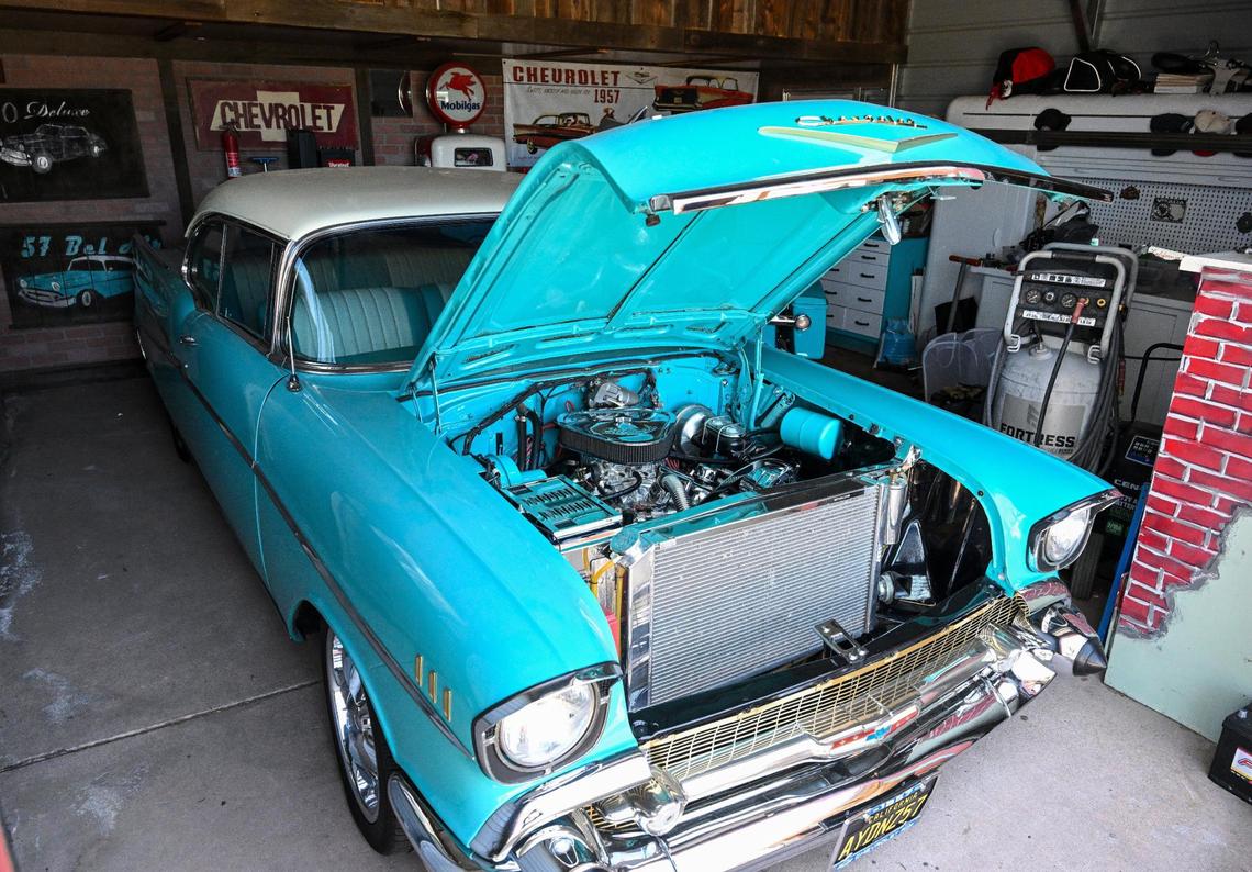 A classic Chevrolet Bel Air owned by Mark Bagdasarian is displayed in a garage space at his Yosemite Hemp Co. in Friant on Wednesday, April 4, 2025.