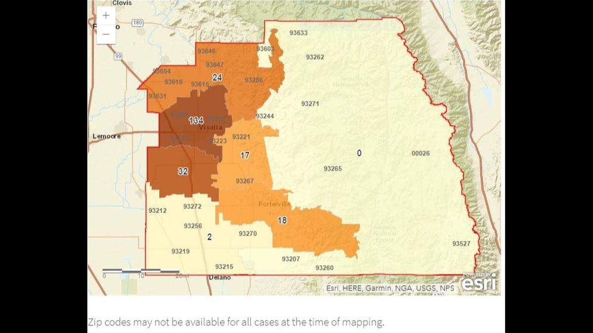 Tulare County map shows the number of coronavirus cases in different areas.