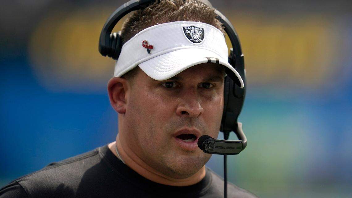 Las Vegas Raiders head coach Josh McDaniels during an NFL game against the Los Angeles Chargers in Inglewood, Calif., Sunday, Sept. 11, 2022.