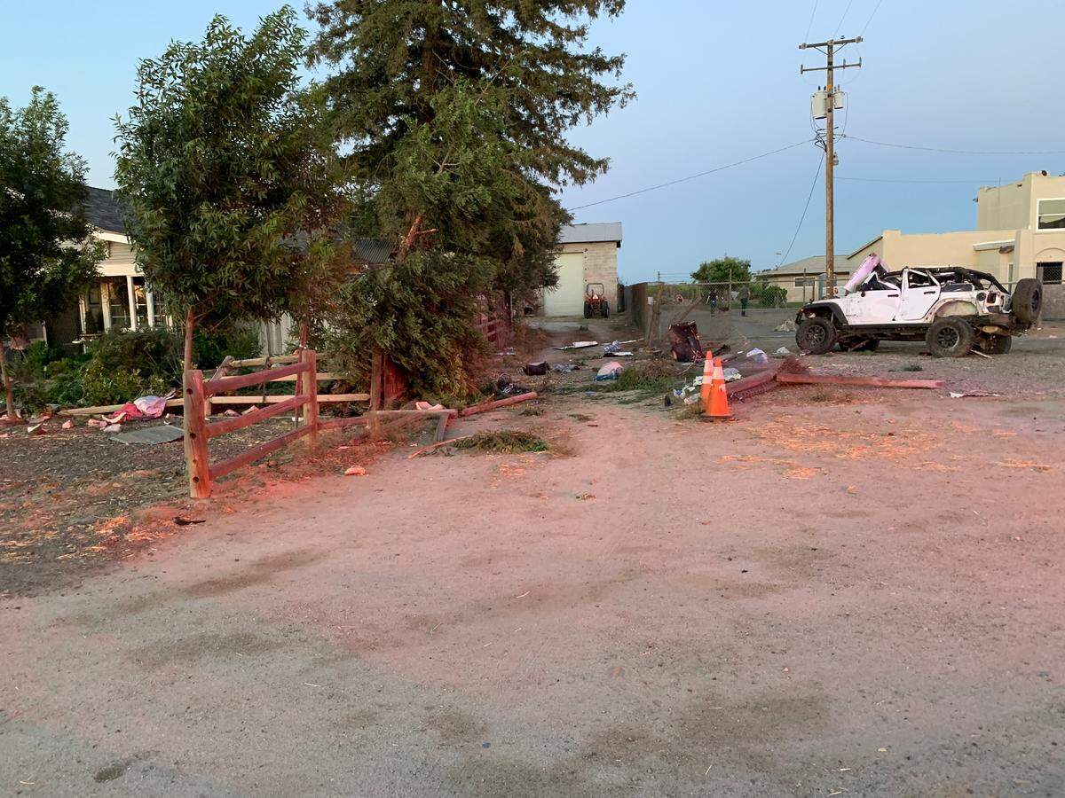 Three people were seriously hurt, including children ages 6 and 7, when a Jeep Wrangler Rubicon rolled over in a crash along Highway 145, just north of Clinton Avenue, on Sunday, May 23, 2021, in Fresno County.