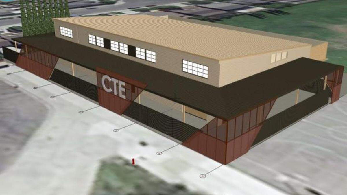 An artists rendering of Delhi Unified’s $15 million Career and Technical Education building is shown here.