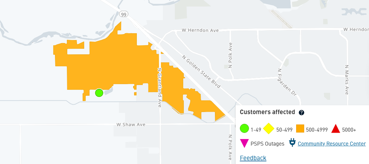 A PG&E outage map shows the affected customers without power following a deadly vehicle collision on Saturday, April 23, 2022.