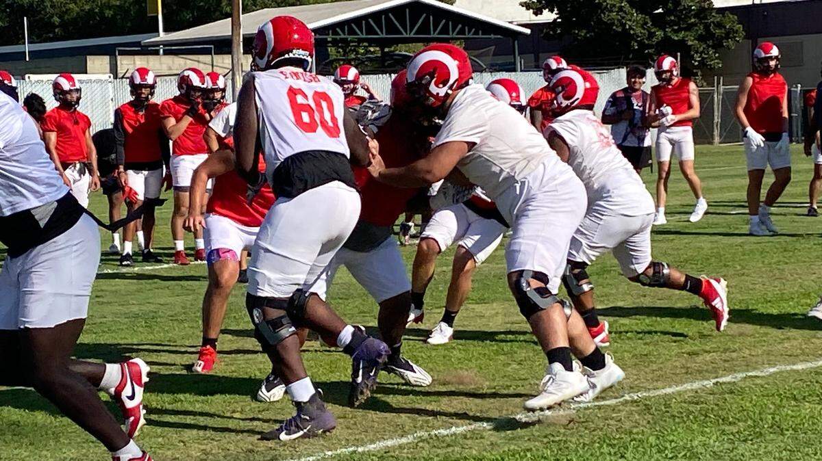 Fresno City College goes through practice. The Rams open the season at Diablo Valley College.