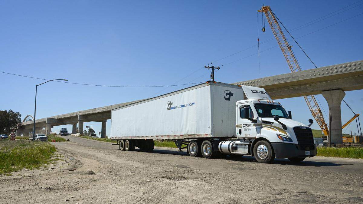 A truck rolls down Central Avenue in south-central Fresno on April 6, 2023. A lawsuit by residents of Calwa and Malaga alleges that environmental impacts for a $140 million interchange project on Highway 99 will be harmful for residents.