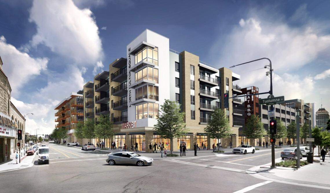 An artist’s rendering of a proposed five-story development that would bring more housing, retail and parking to downtown Fresno. This view is from Tuolumne and Fulton streets.