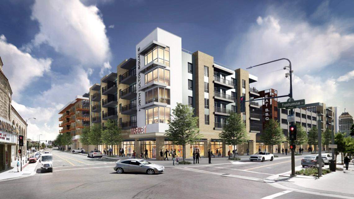 An artist’s rendering of a proposed five-story development that would bring more housing, retail and parking to downtown Fresno. This view is from Tuolumne and Fulton streets.