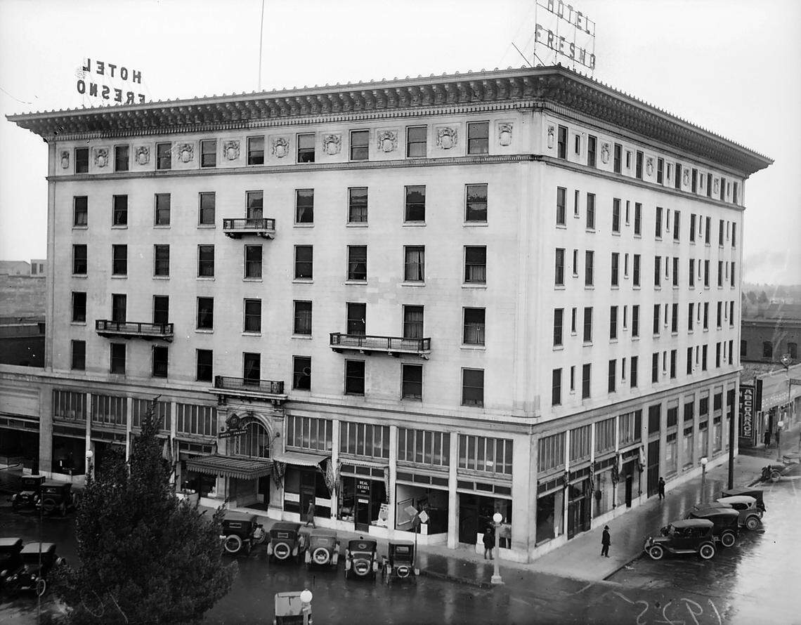 In its prime, the 13-year-old  Hotel Fresno stands on a rainy day in 1925, at Broadway and Merced streets. 