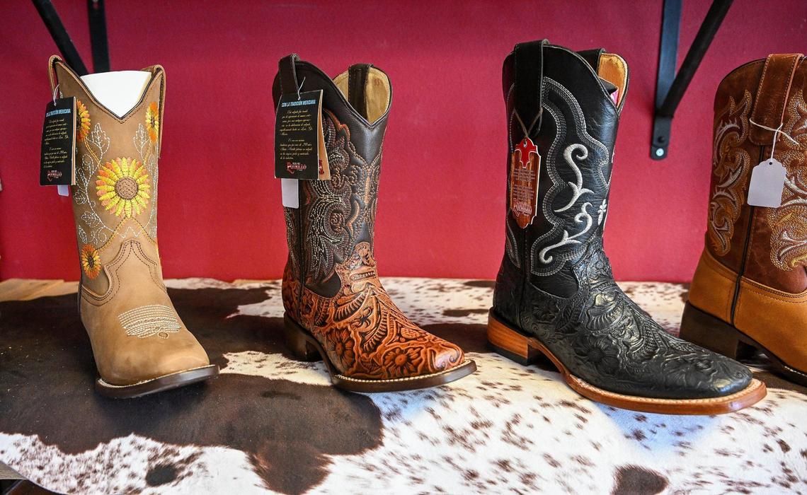 Western style boots in a number of styles are displayed at Rubio Ranchwear in its new shop on Fulton near Highway 180 just north of downtown Fresno.