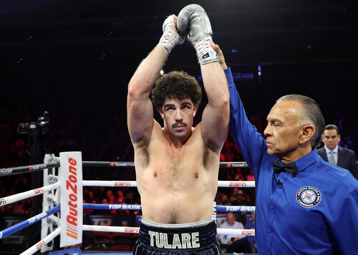 Richard Torrez Jr. celebrates after defeating James Bryant, during their heavyweight fight at Desert Diamond Arena on Feb. 3, 2033 in Glendale, Ariz.