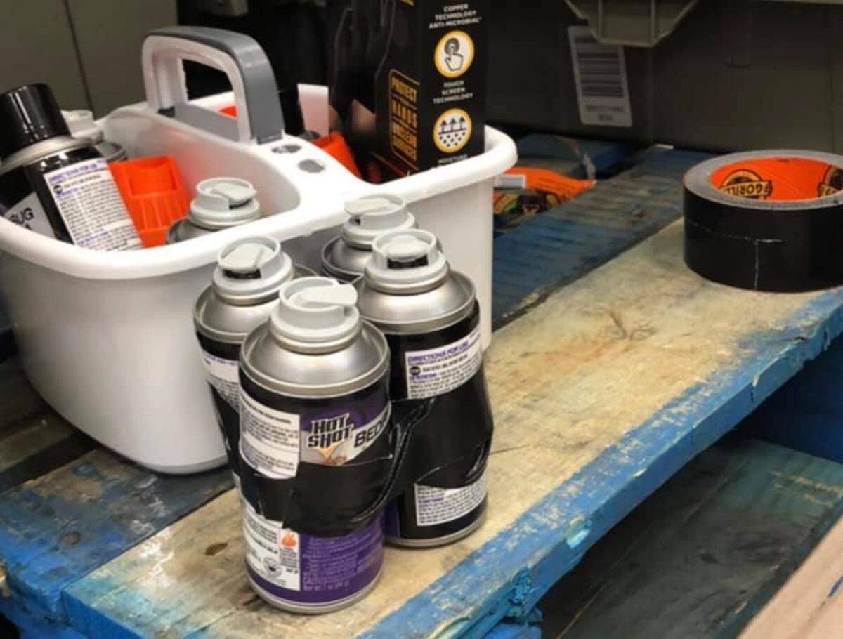 Aerosol cans with combustible fluid were discovered taped together at a Rite Aid store in the Friday, Aug. 20, 2021, arrest of a man suspected of attempted arson, according to the Shasta County Sheriff’s Office.