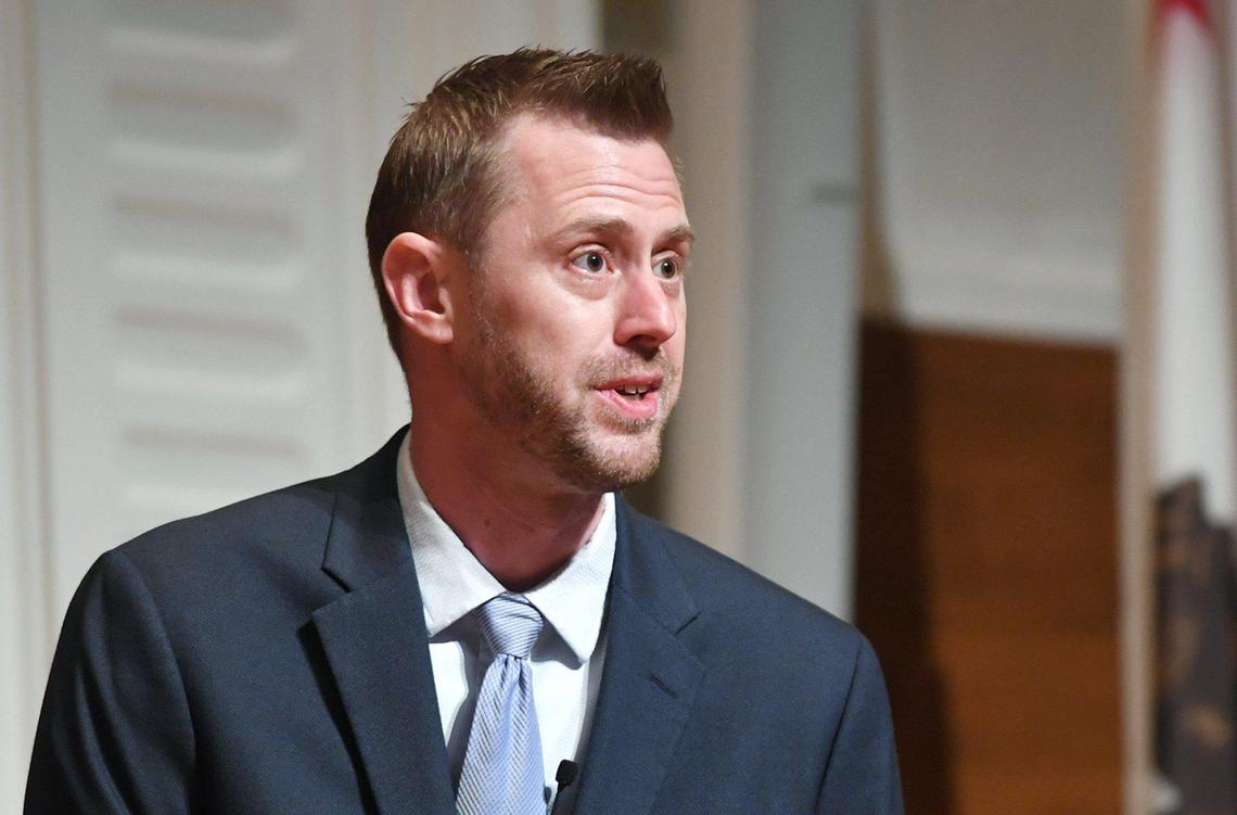 Dr. Cory Clasemann, a finalist, seen presenting at the Fresno City College President Candidate Forum held in the Old Administration Building Tuesday, April 19, 2022 in Fresno.