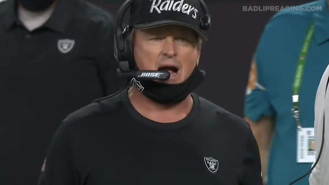 Las Vegas Raiders coach Jon Gruden is show in the 2021 NFL ‘A Bad Lip Reading’ video.