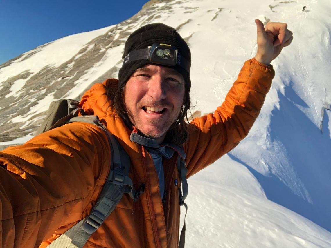 Jason Torlano after skiing down Half Dome. Zach Milligan is on the side of Half Dome behind, top right.
