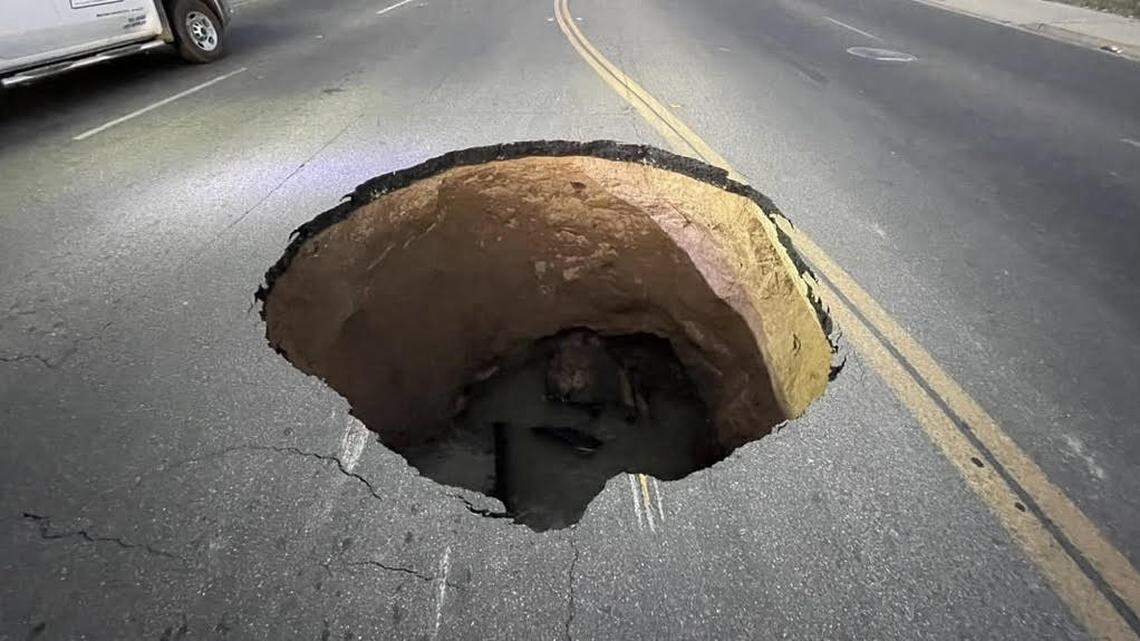 Motorists are being asked to avoid the Olive Avenue area east of First Street because of a sewer collapse in Fresno, California on Saturday, April 19, 2025.