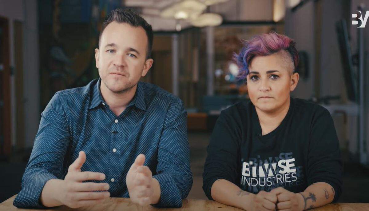 Bitwise Industries co-founders and co-CEOS Jake Soberal, left, and Irma Olguin Jr. announce the company’s expansion into new cities in Colorado, New Mexico, New York, Texas and Wyoming in a pre-recorded video production released Wednesday morning, March 30, 2022.