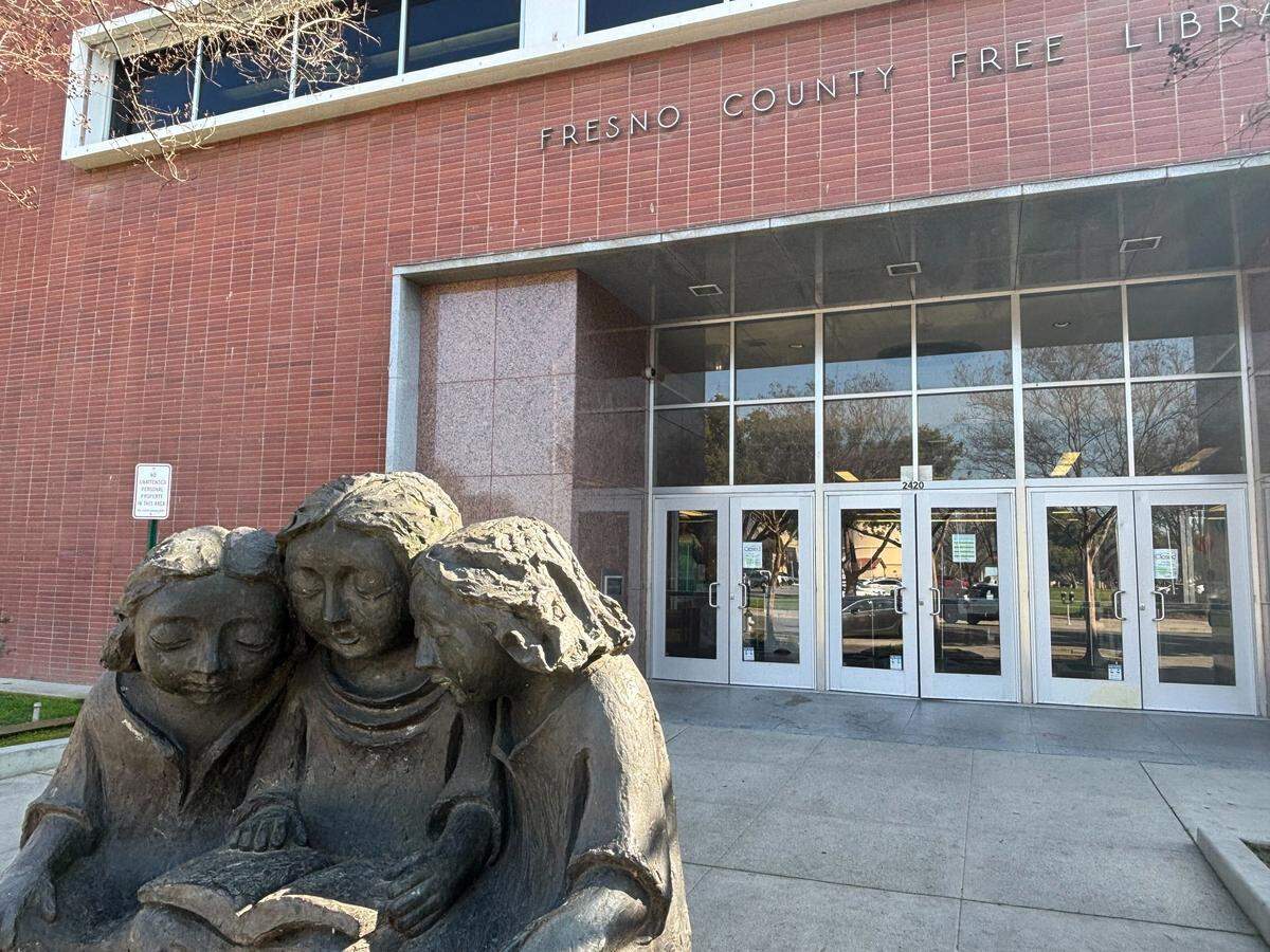 The sculpture by artist Clement Renzi outside the Fresno County Central Library on Mariposa Street in downtown Fresno on Thursday, Feb. 5, 2026.