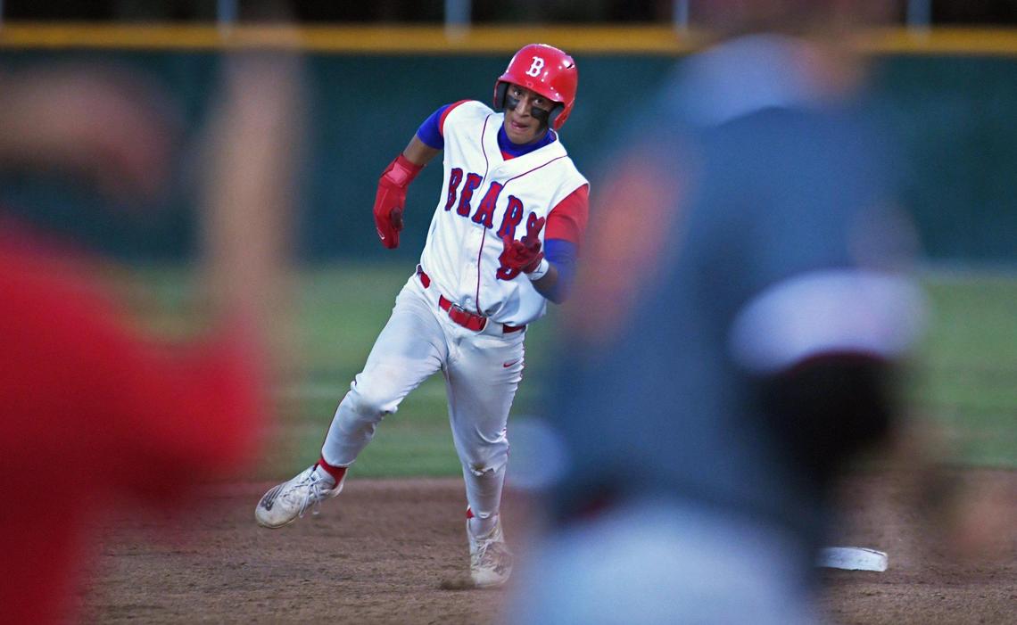 Buchanan’s JP Acosta rounds second base in the third game of a three-game series against Clovis West Friday, May 6, 2022 in Clovis.