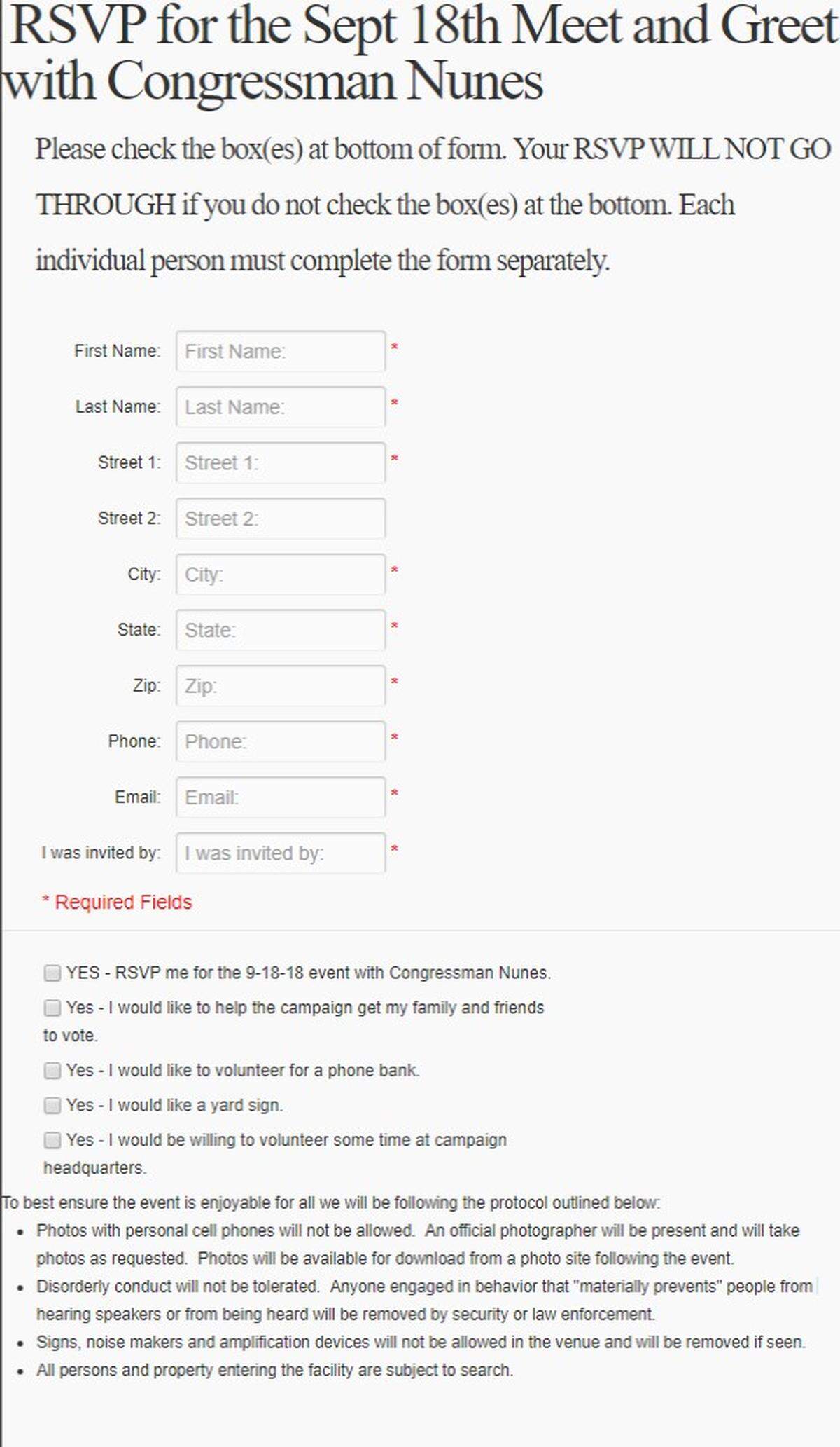 A screenshot of the form required to attend an event for Rep. Devin Nunes on Tuesday, September 18, 2018.