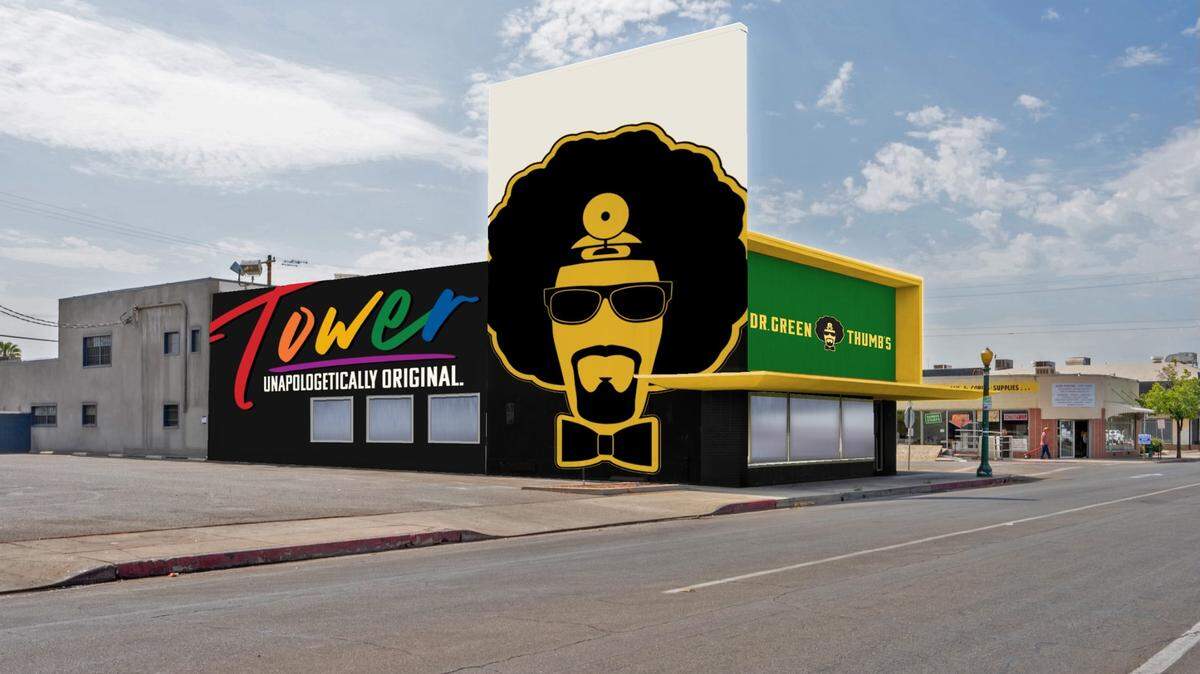 Artist’s rendering of what a driver would see rolling down Wishon Avenue in Fresno’s Tower District: The area’s first cannabis dispensary, Dr. Green Thumbs.