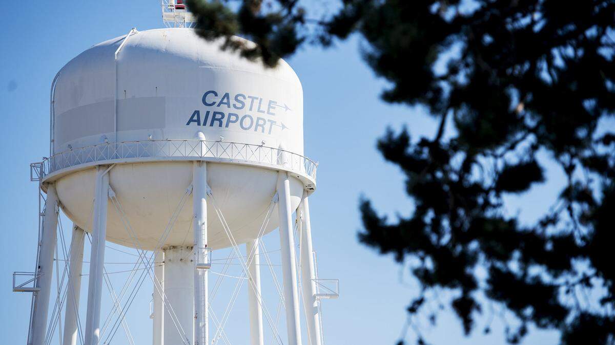 The water tower is seen located on the former Castle Air Force Base in Atwater, Calif.