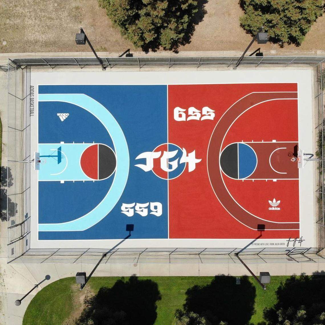An aerial view of “The Cage” at Koligian Park in northwest Fresno after former San Joaquin Memorial High star and future NBA first round pick Jalen Green refurbished the basketball court