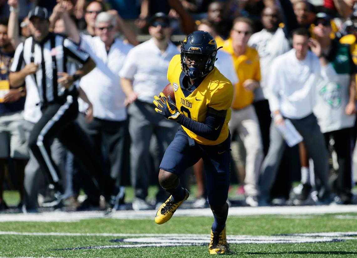 Toledo wide receiver Diontae Johnson (3) scores against Miami on a 40-yard pass play in the third quarter of49-24 loss to the Hurricanes Saturday, Sept. 15, 2018, in Toledo, Ohio. Johnson this season has 12 receptions for 246 yards and four touchdowns.
