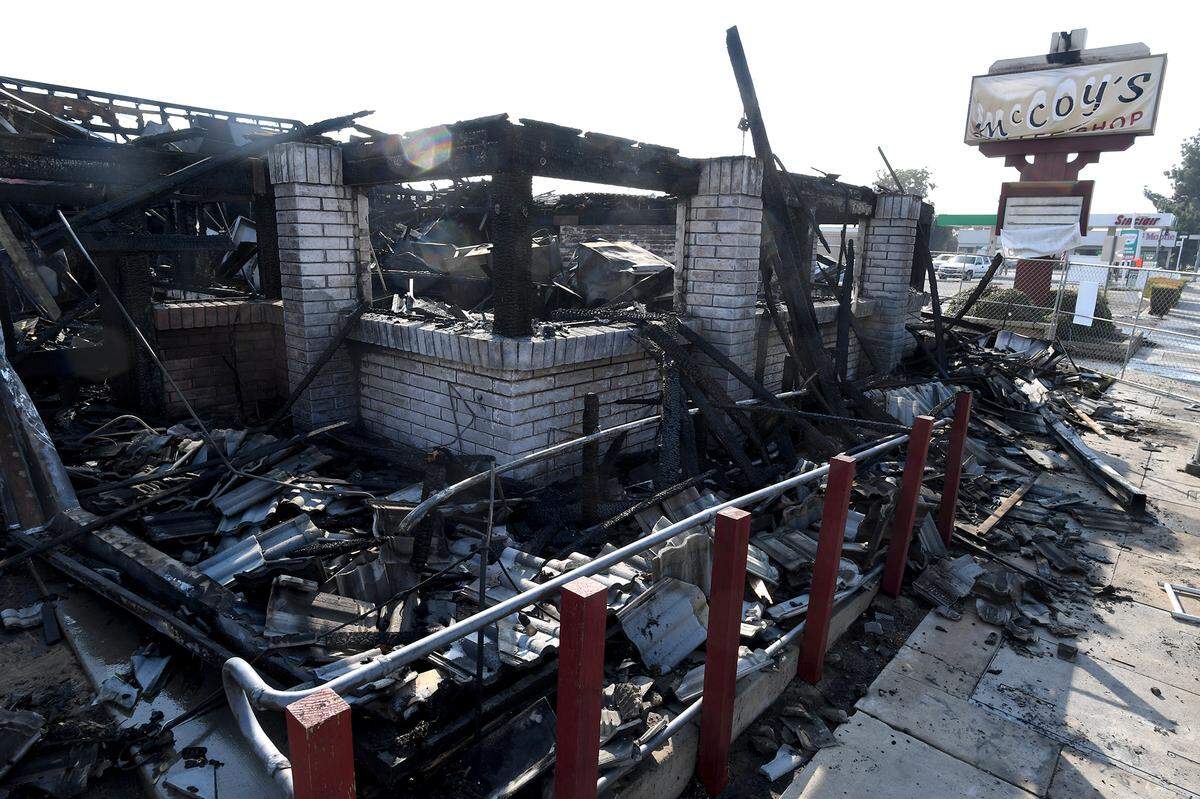 The gutted McCoys Coffee Shop, a longtime restaurant at 625 S. Clovis Ave., burned in an early Thursday morning fire, Oct. 15, 2020.