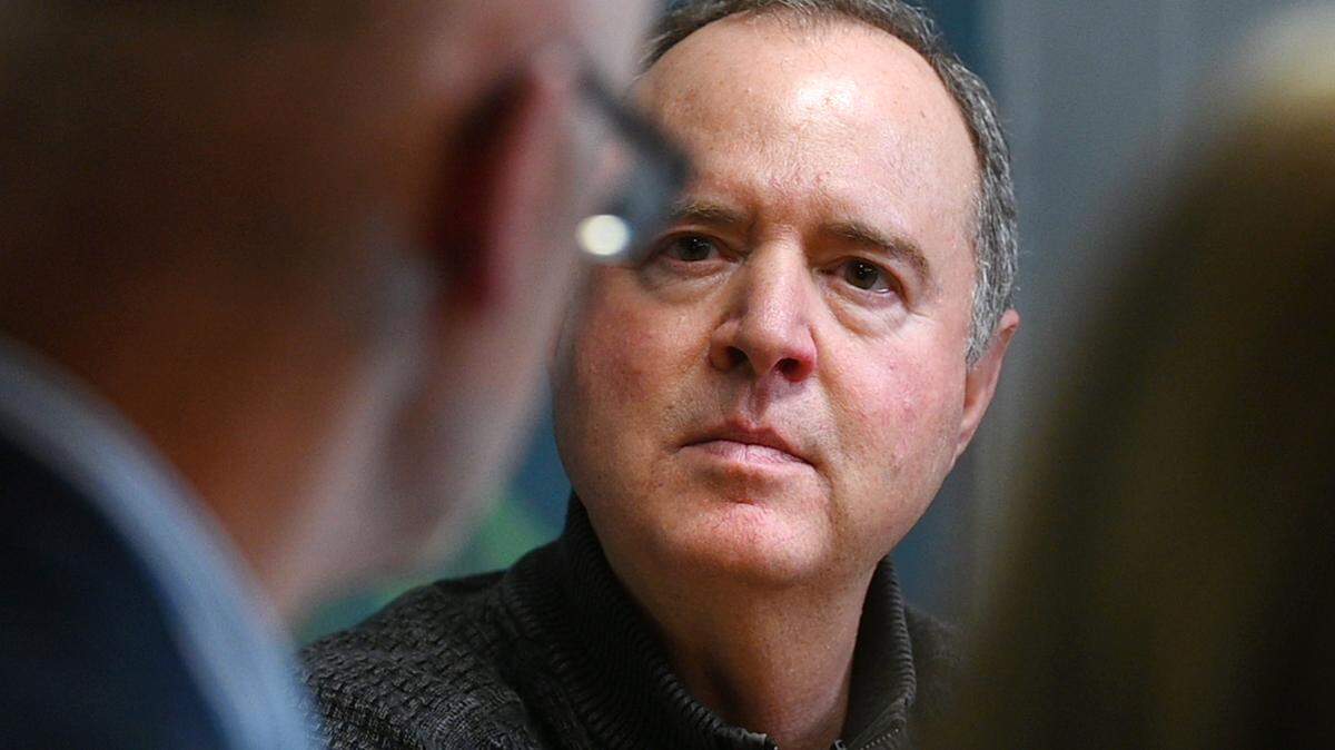 Sen. Adam Schiff listens to Fresno Bee Opinion Writer Tad Weber as he sits down for a McClatchy California Editorial Board Meeting Friday, May 23, 2025 at Factory 41 in Fresno.