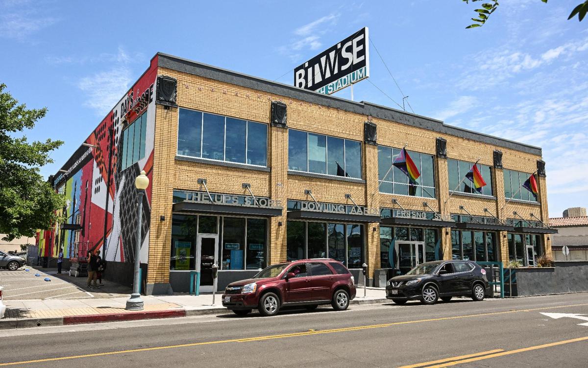 The Bitwise South Stadium building is located on Van Ness Avenue at Mono Street in downtown Fresno.