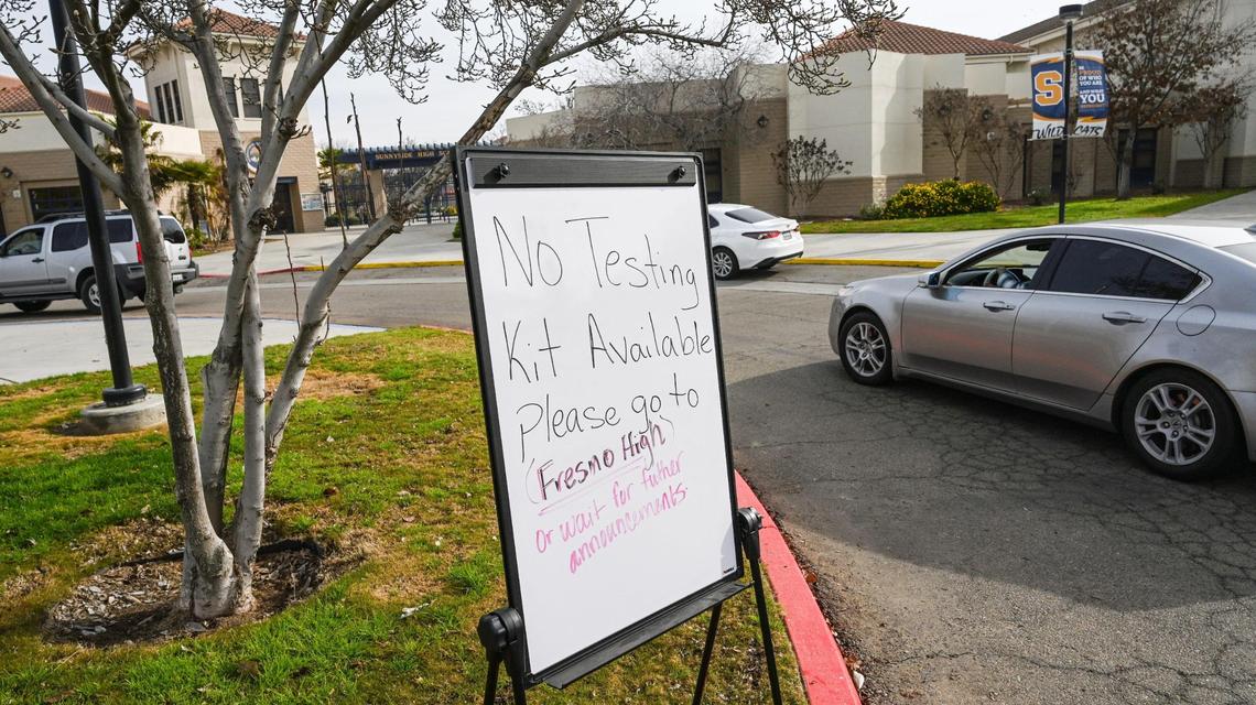 A sign outside Sunnyside High School states that all COVID-19 test kits have been given out on Monday, Jan. 10, 2022. Test kits at Fresno High and other FUSD schools were also gone.