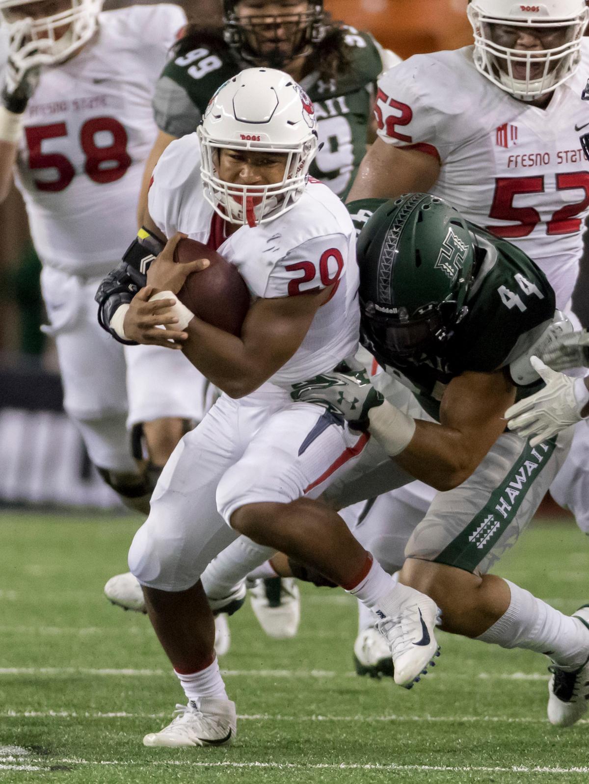 Fresno State running back Ronnie Rivers (20) got his first game reps this season in the Bulldogs’ 49-27 victory over the Toledo Rockets Saturday, Sept. 29, 2018. Rivers missed the first three games with a foot injury suffered in the spring.