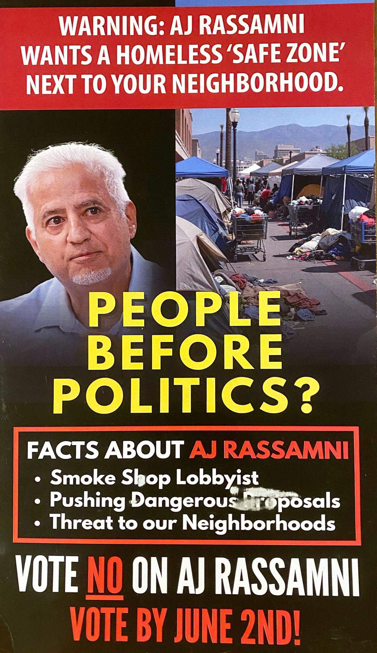 The front side of a mailer sent by Fresno City Council candidate Nav Gurm against AJ Rassamni.