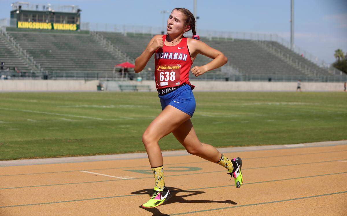 Buchanan High senior Stefania Sesock finished first in 11:10.85 in the senior girls race of the Kingsburg 2 Mile cross country meet at Kingsburg High on Sept. 9, 2023.