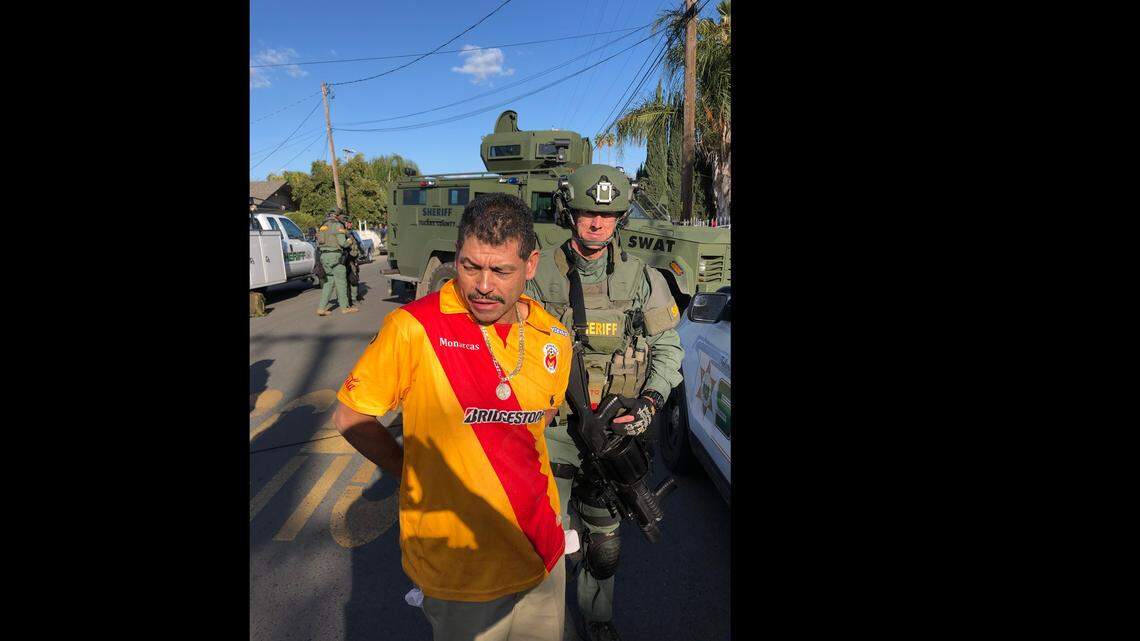 Ramiro Garcia, 49, was taken into custody after he threatened to kill his neighbor with a knife and barricaded himself inside his home near an elementary school Friday afternoon in Cutler, Tulare County Sheriff’s Office said.