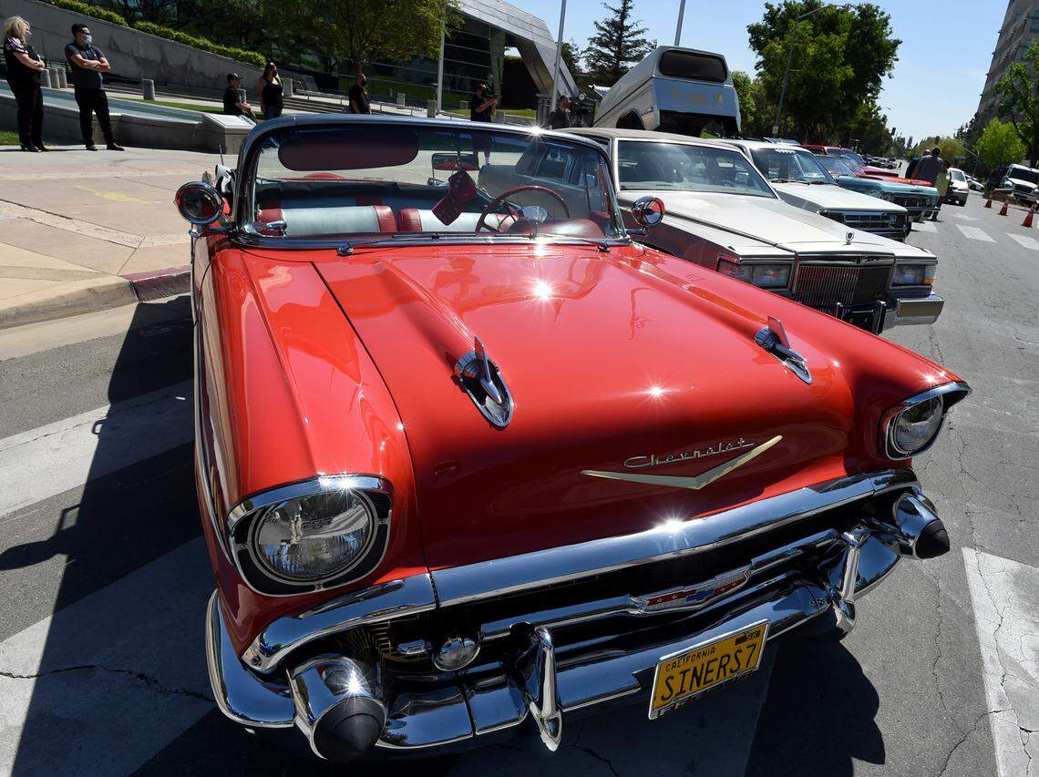 A ’56 Chevy convertible, one of a dozen cars on display during a gathering of lowrider car enthusiasts at City Hall, Monday April 12, 2021, to kick off the Cruisin’ For Peace event to support Fresno’s street vendors, to be held in late April or early May. The route of the cruisers will take them down Kings Canyon Road and Fulton Street and ending at Chukchansi Park.