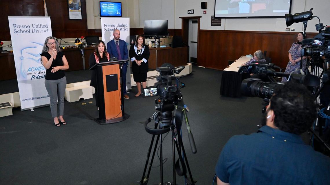 Deputy Superintendent Misty Her introduces herself as Fresno Unified’s new incoming Interim Superintendent at a press conference held Wednesday, May 8, 2024 in Fresno. Superintendent Bob Nelson is stepping down effective July 31.