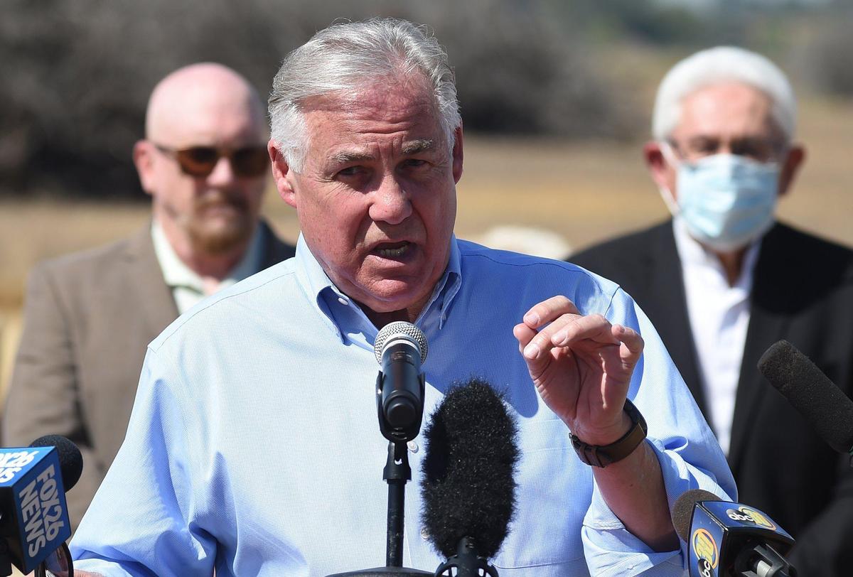 Assembly member Jim Patterson speaks during a press conference to announce a regional drought emergency for much of the San Joaquin Valley and to urge Gov. Gavin Newsom to issue a statewide declaration of emergency, April 30, 2021.