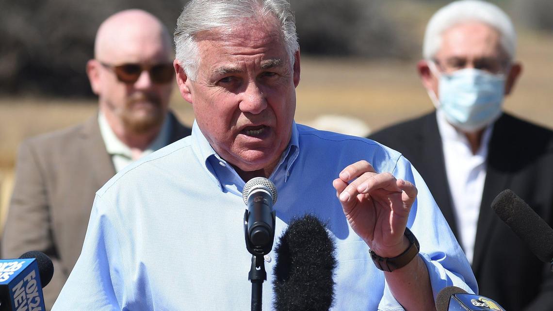 Assembly member Jim Patterson speaks during a press conference to announce a regional drought emergency for much of the San Joaquin Valley and to urge Gov. Gavin Newsom to issue a statewide declaration of emergency, April 30, 2021.